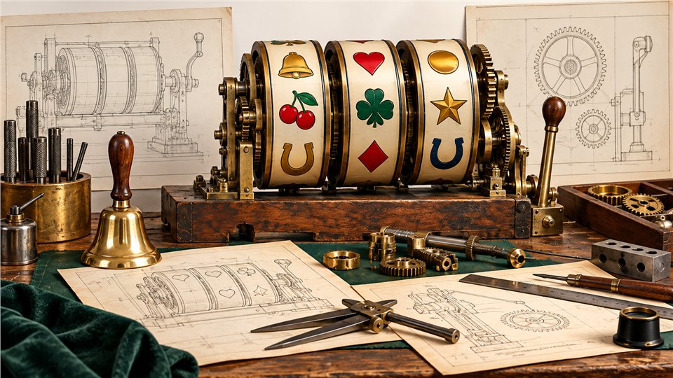 Conceptual machinist workbench with early slot reels and tools