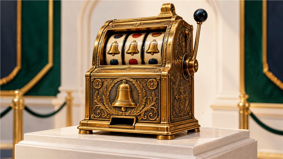 Conceptual nineteenth-century three-reel cabinet with a bell emblem