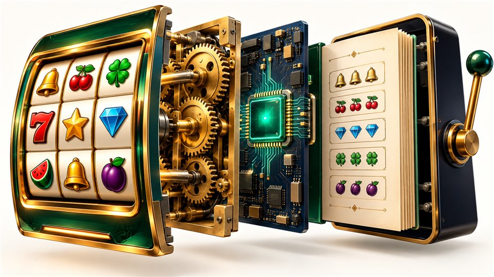 Conceptual layers of a slot display, mechanism, processor and rules