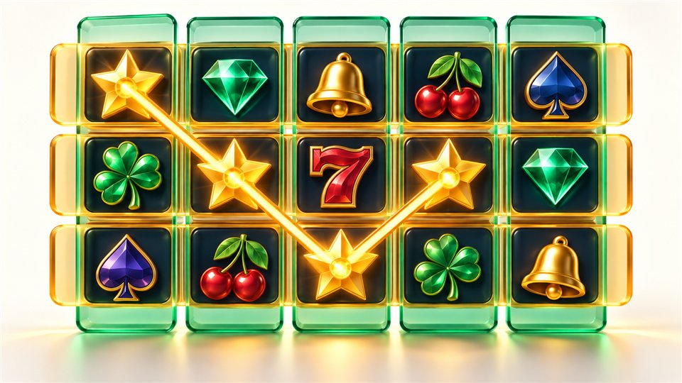 Slot grid with highlighted reel columns, horizontal rows and a payline