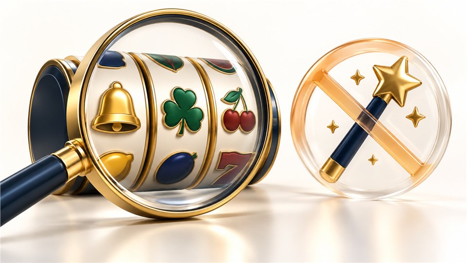 Magnifying glass over slot reels beside a blocked magic wand