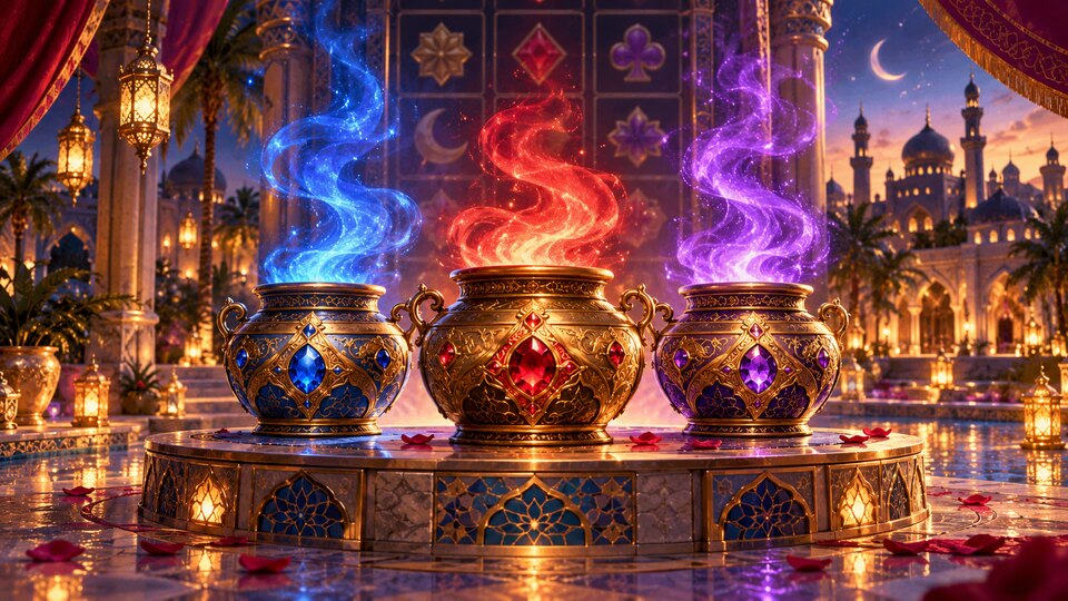 Original conceptual artwork of three ornate pots with coloured magic in a courtyard