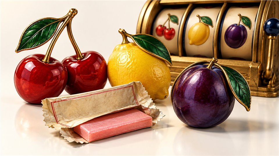 Fruit symbols, an unlettered gum wrapper and an antique-style reel