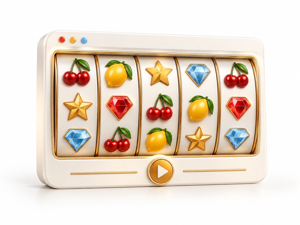 Original illustration of colourful slot reels in a white demo-player panel