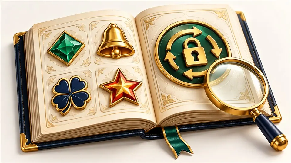 Illustrated rulebook with slot symbols and a locked respin counter