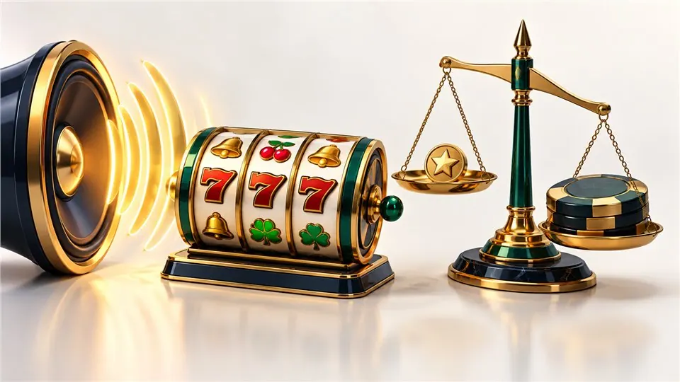 Slot sound waves contrasted with a balance scale comparing stake and award