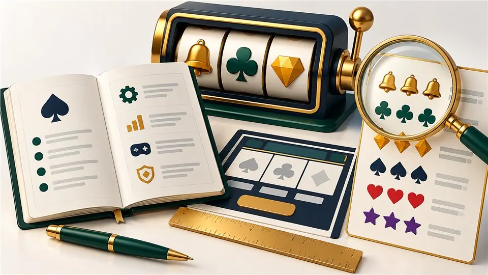 Slot review notebook with a reel model, measuring ruler and paytable inspection