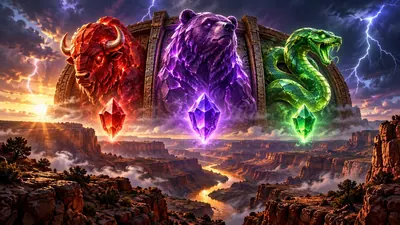 Conceptual canyon illustration with three coloured beast totems and crystals