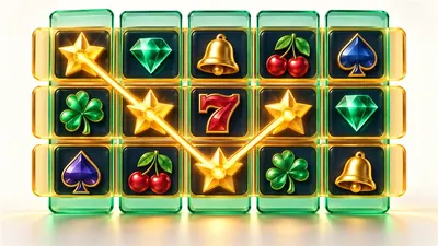 Slot grid with highlighted reel columns, horizontal rows and a payline
