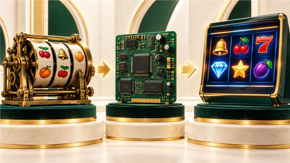 Mechanical reel, electronic board and video display showing distinct technology layers