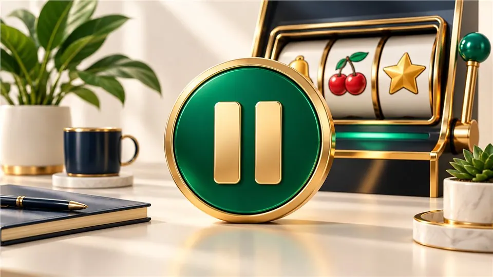 Large pause symbol in front of an illustrative slot display