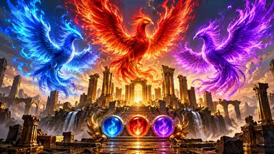 Original conceptual illustration of three phoenixes above a colour-coded progression ladder