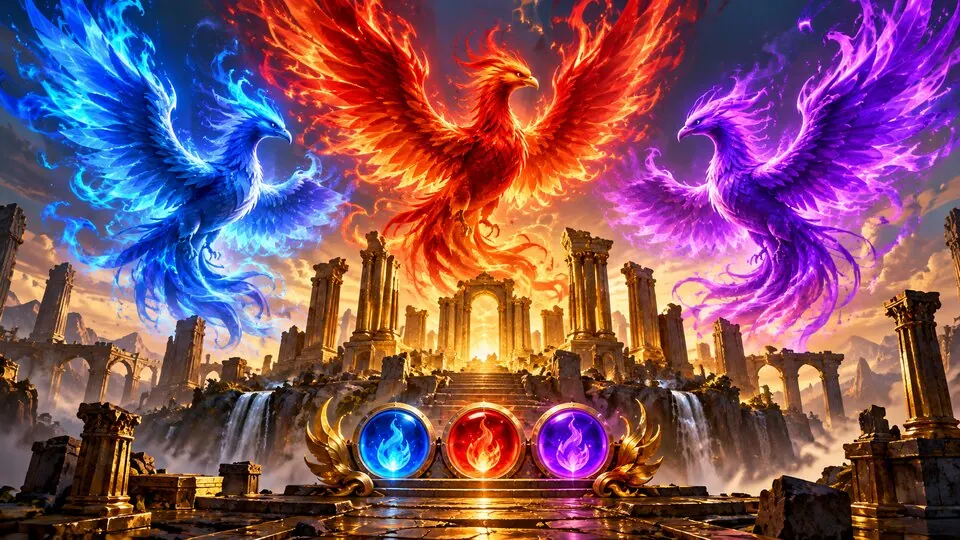 Original conceptual illustration of three phoenixes above a colour-coded progression ladder