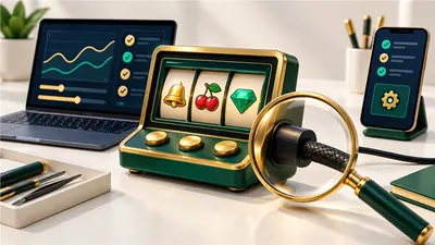 Illustrated slot demo inspection bench with a magnifier, laptop and phone
