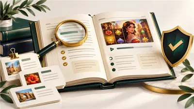 An editorial handbook, source cards and a shield beside a slot-demo illustration