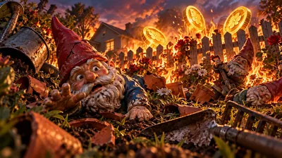 Original concept art of a chaotic garden with ceramic gnomes and luminous coin-like tokens