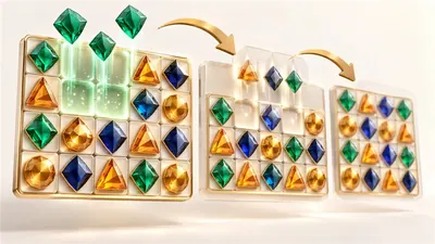 Winning symbols clear and replacement gems drop through successive slot grids