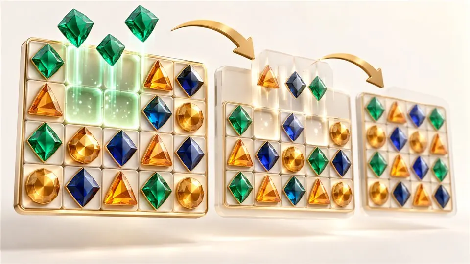 Winning symbols clear and replacement gems drop through successive slot grids