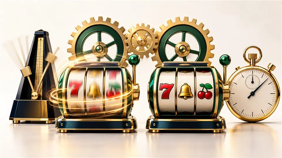 Two slot reels with different motion pacing beside a metronome and stopwatch