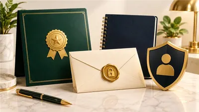 Conceptual award paperwork, payment envelope and privacy shield