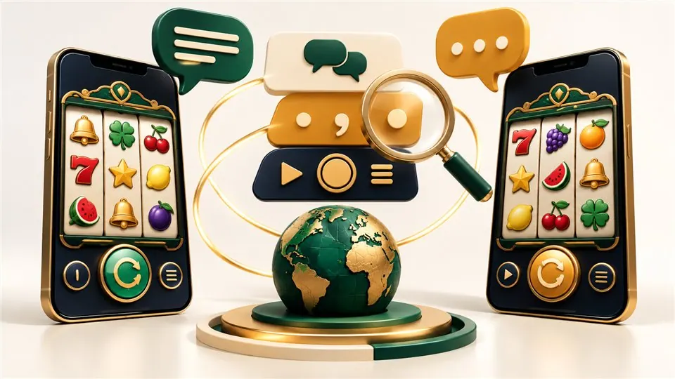 Two localized slot interfaces beside a globe and language bubbles