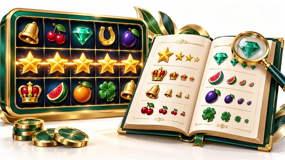Illustrated slot-symbol grid and rulebook explaining a paytable